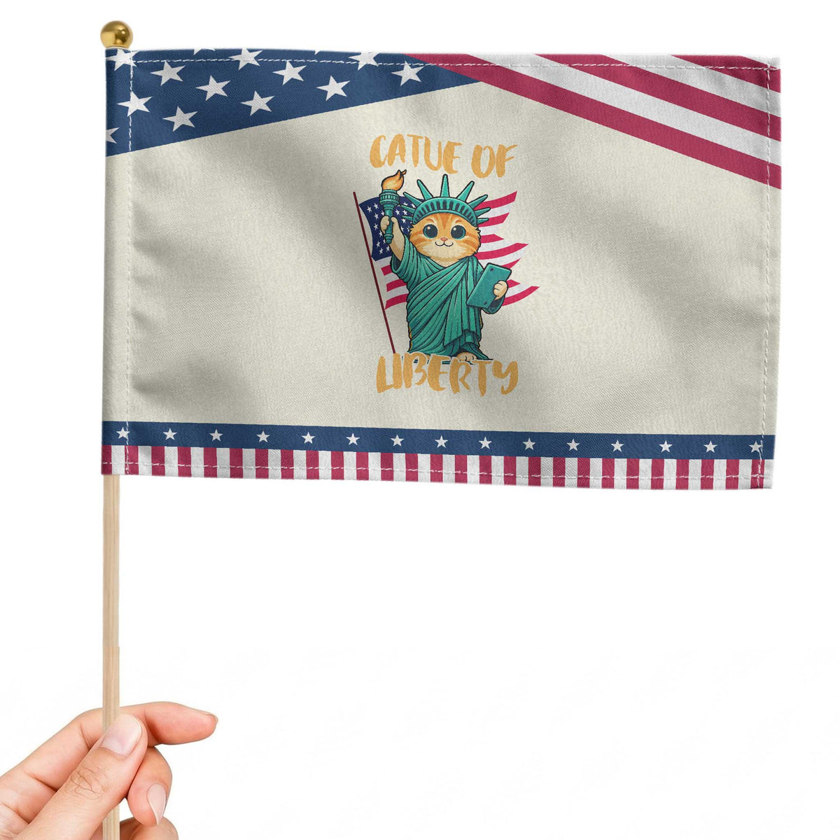 Cat Statue Of Liberty Patriotic Handheld Flag Patriotic American Flag