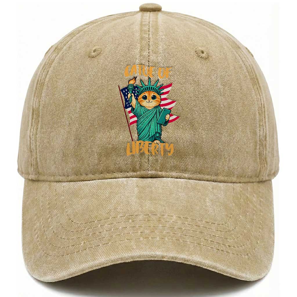 Cat Statue Of Liberty Washed Cotton Baseball Cap Patriotic American Flag