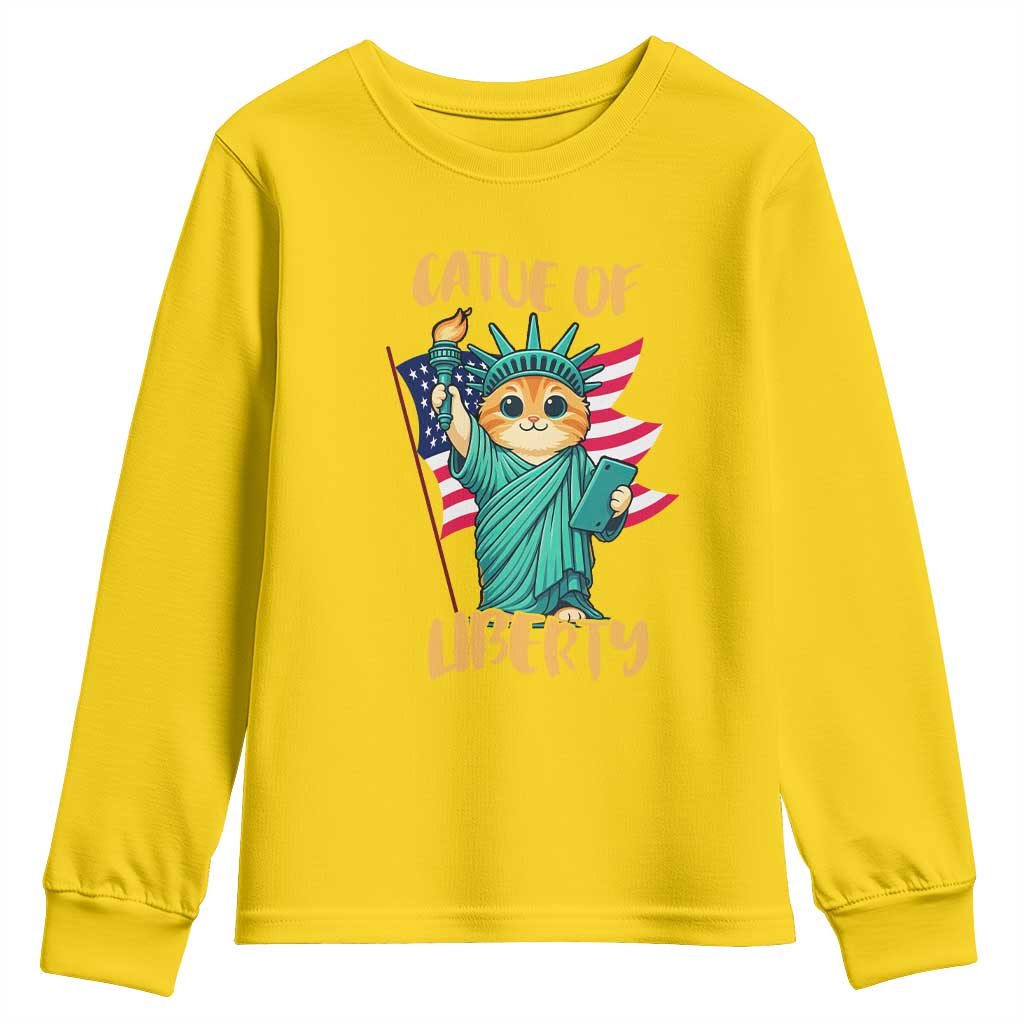 Cat Statue Of Liberty Youth Sweatshirt Patriotic American Flag - Wonder Print Shop