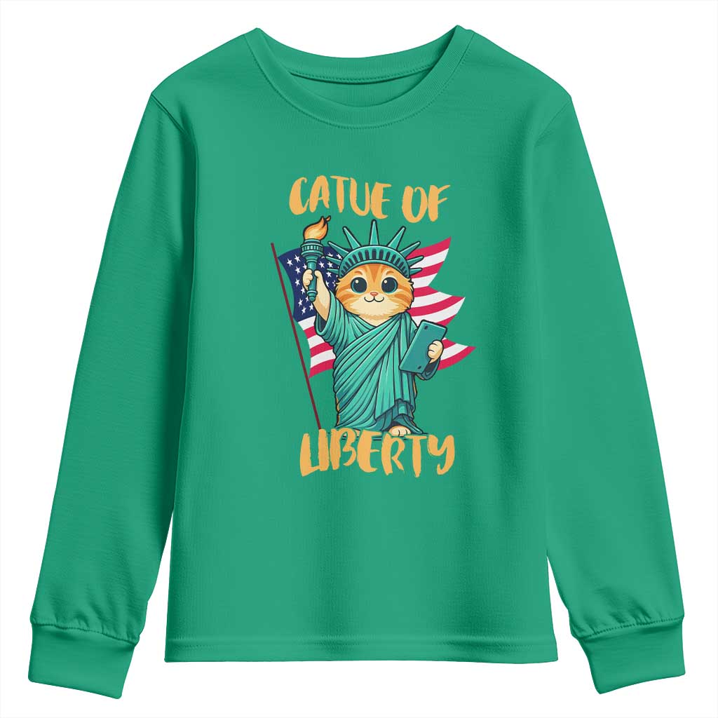 Cat Statue Of Liberty Youth Sweatshirt Patriotic American Flag - Wonder Print Shop