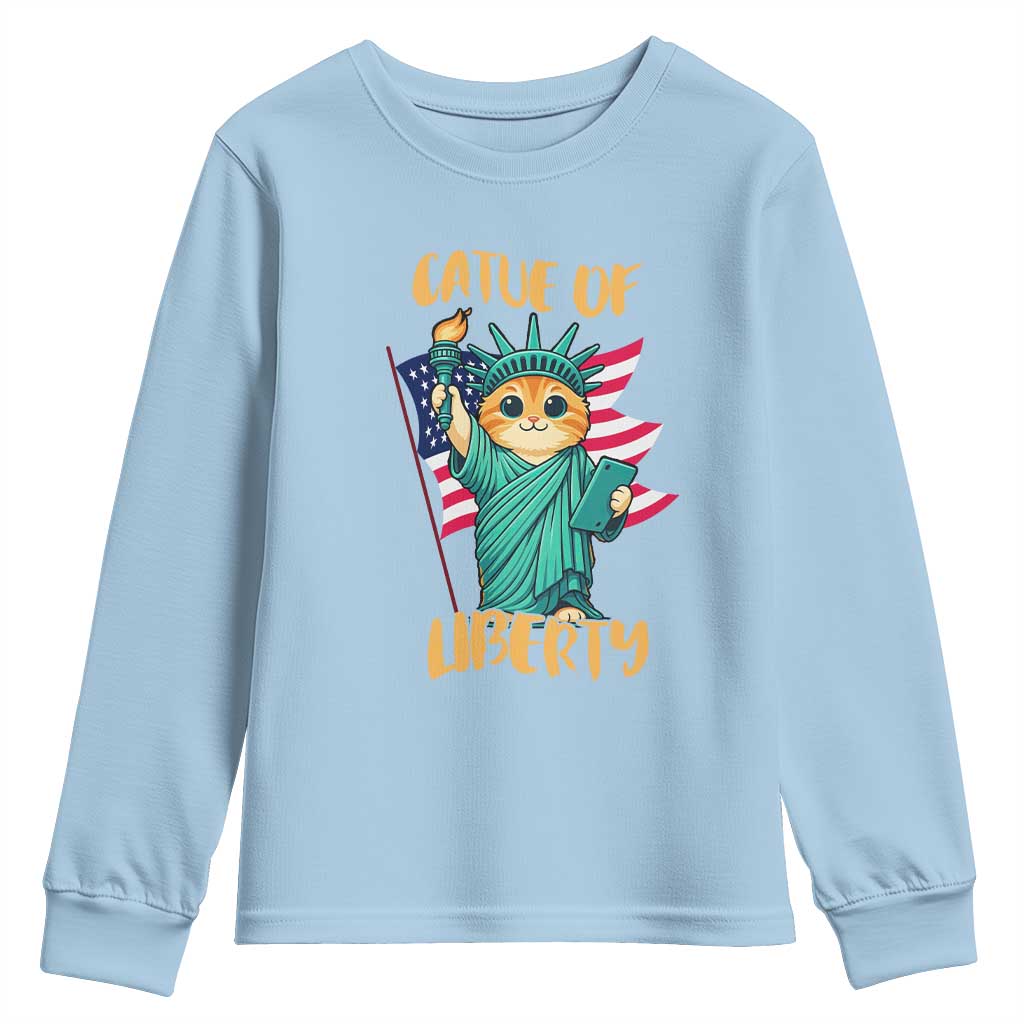 Cat Statue Of Liberty Youth Sweatshirt Patriotic American Flag - Wonder Print Shop