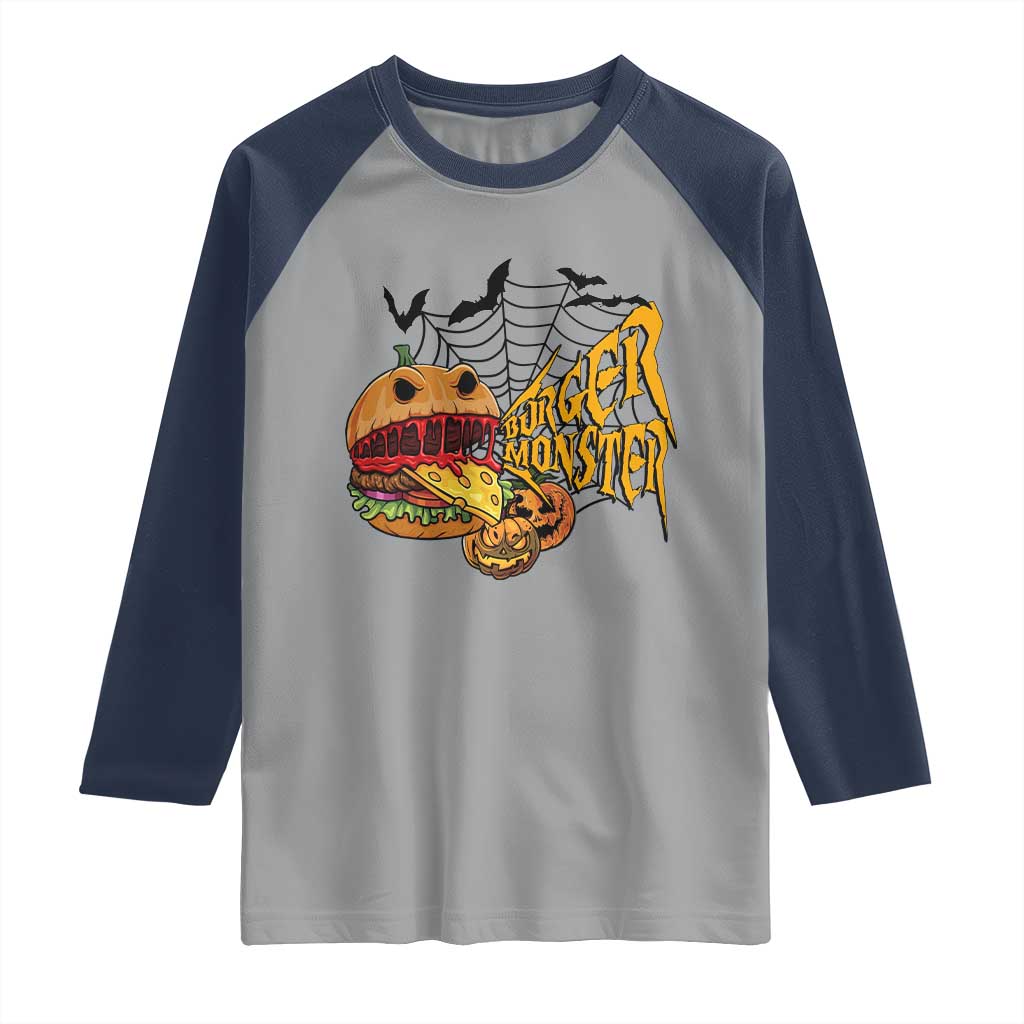 Halloween Burger Monster Raglan Shirt Scary Foodies - Wonder Print Shop