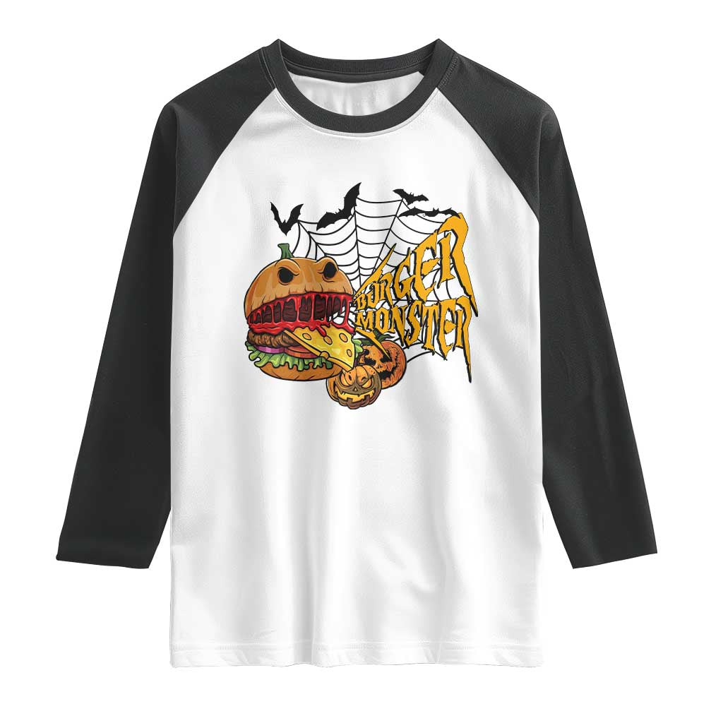 Halloween Burger Monster Raglan Shirt Scary Foodies - Wonder Print Shop