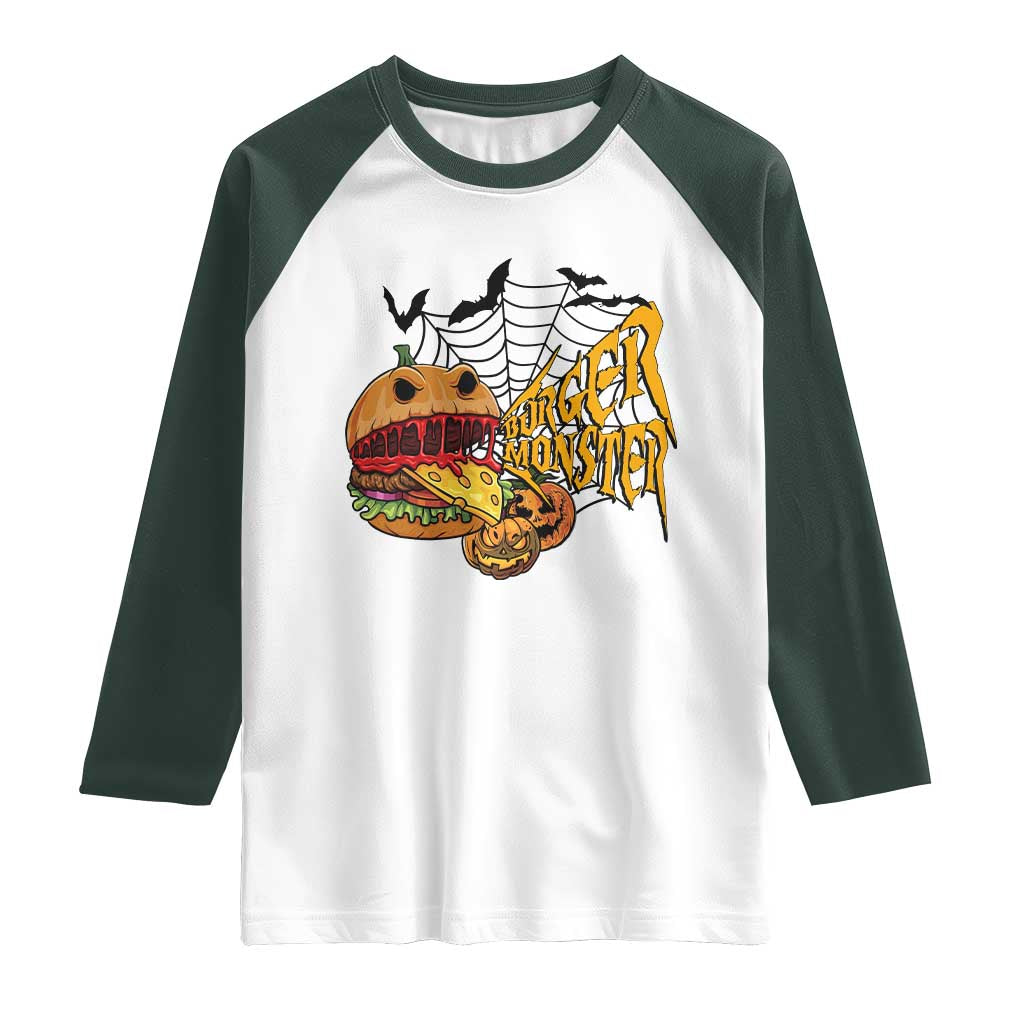 Halloween Burger Monster Raglan Shirt Scary Foodies - Wonder Print Shop