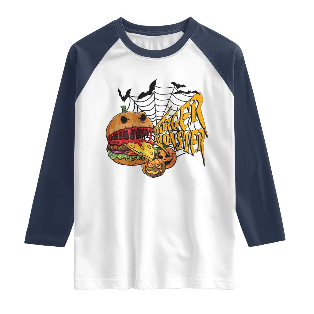 Halloween Burger Monster Raglan Shirt Scary Foodies - Wonder Print Shop