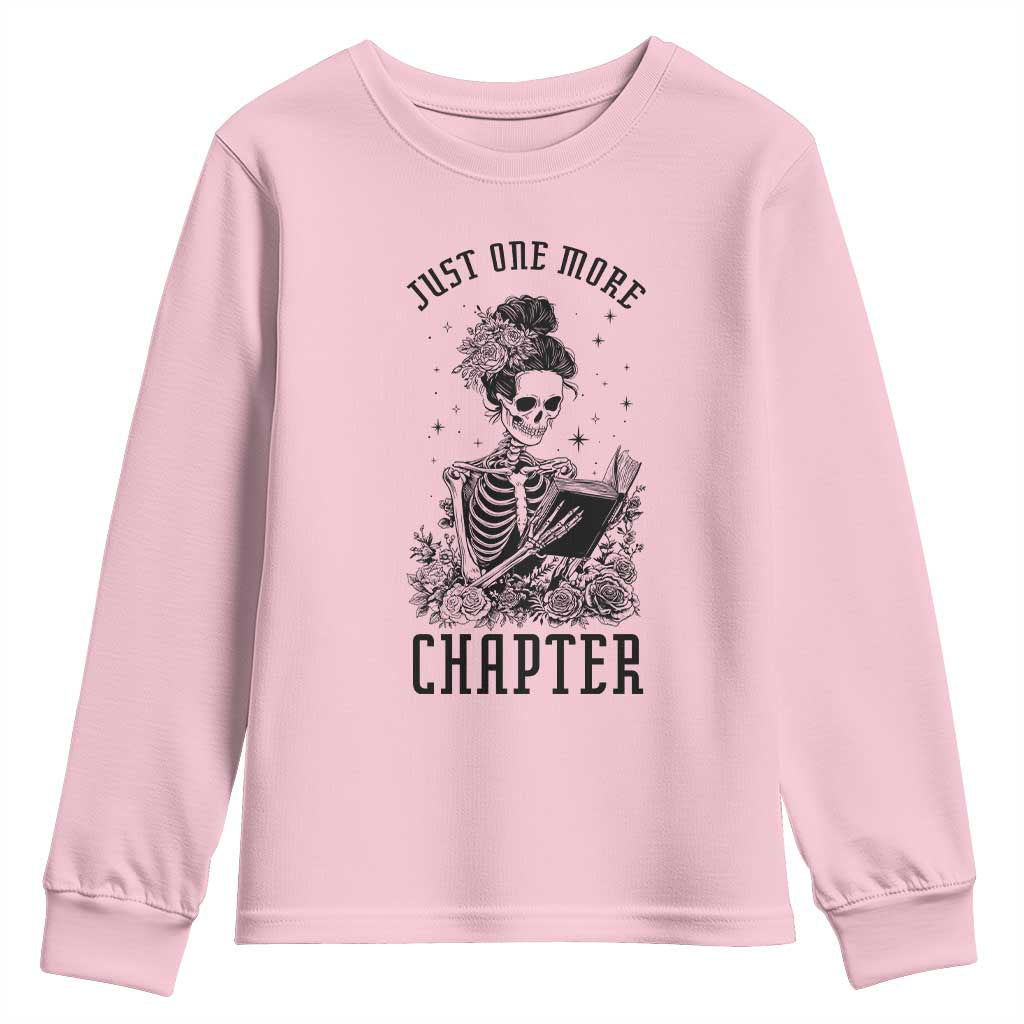 Funny Skeleton Book Lover Youth Sweatshirt Just One More Chapter