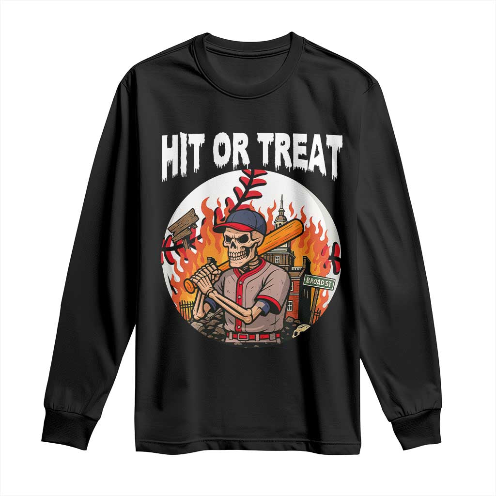 Funny Halloween Baseball Long Sleeve Shirt Hit Or Treat Skeleton Player - Wonder Print Shop