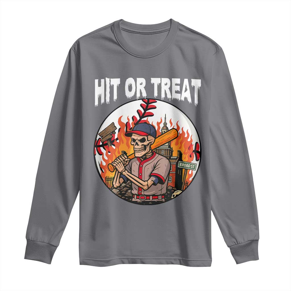 Funny Halloween Baseball Long Sleeve Shirt Hit Or Treat Skeleton Player - Wonder Print Shop
