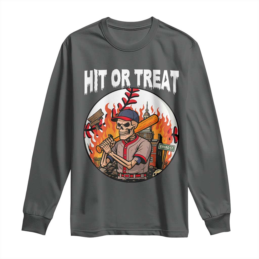 Funny Halloween Baseball Long Sleeve Shirt Hit Or Treat Skeleton Player - Wonder Print Shop