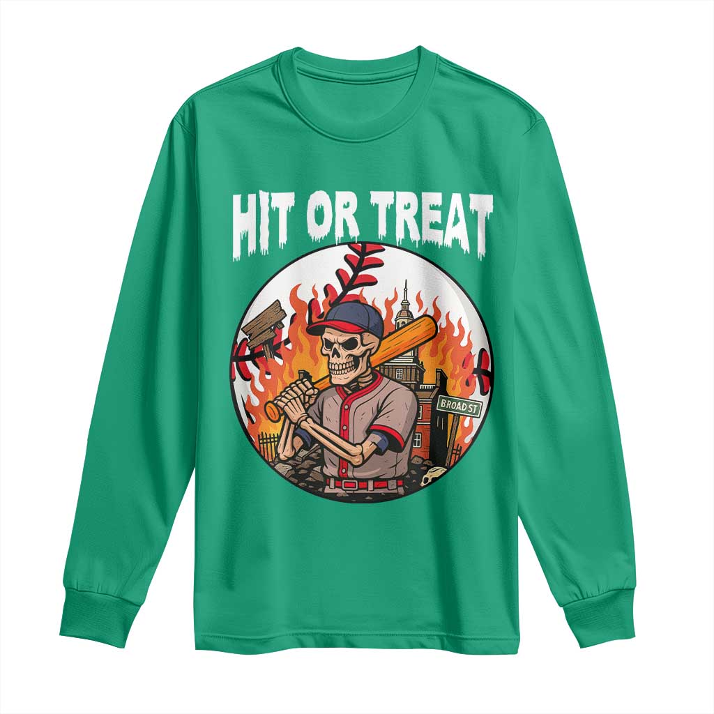 Funny Halloween Baseball Long Sleeve Shirt Hit Or Treat Skeleton Player - Wonder Print Shop