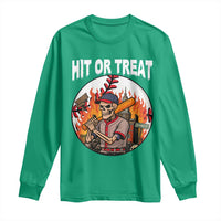 Funny Halloween Baseball Long Sleeve Shirt Hit Or Treat Skeleton Player - Wonder Print Shop