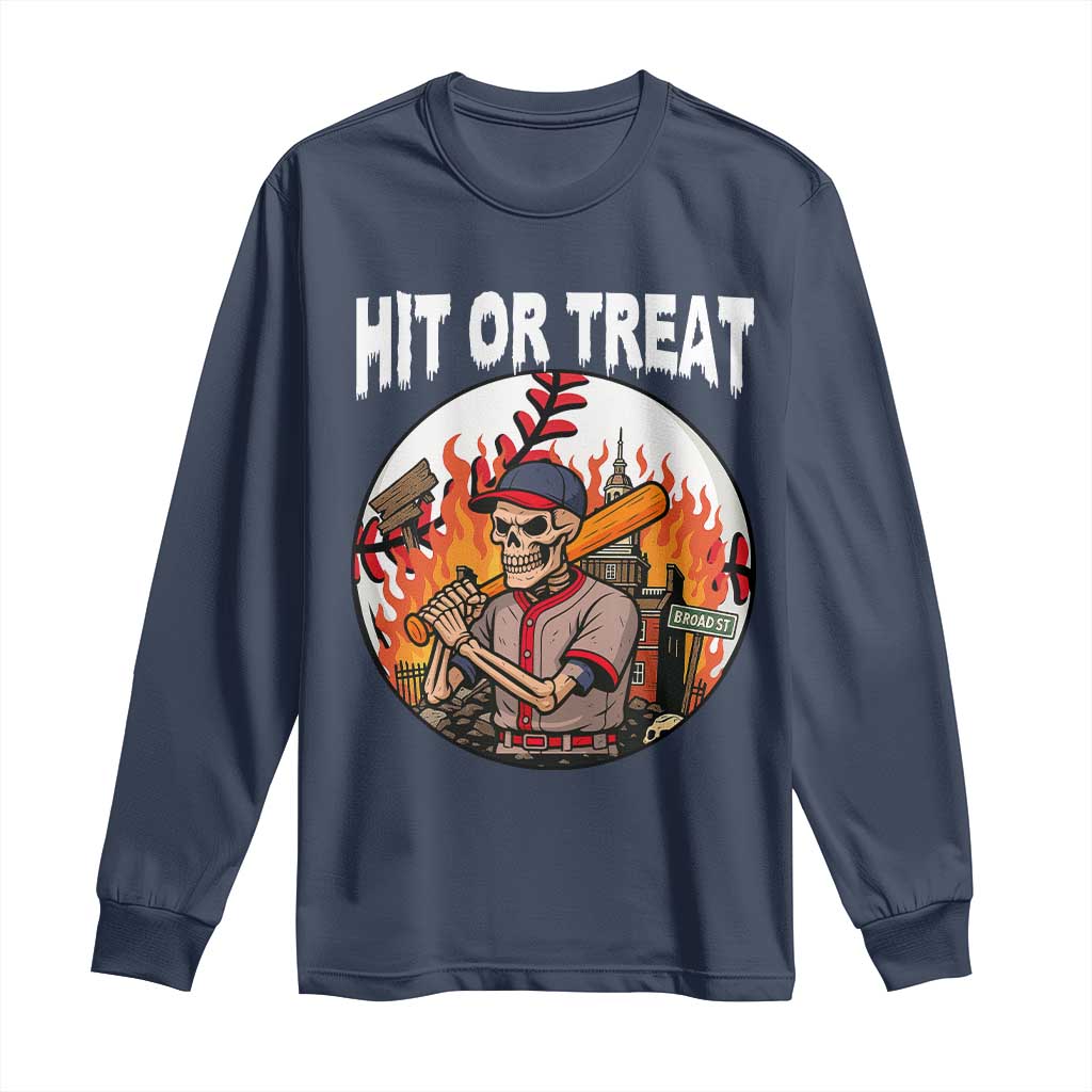 Funny Halloween Baseball Long Sleeve Shirt Hit Or Treat Skeleton Player - Wonder Print Shop