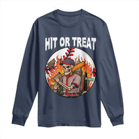 Funny Halloween Baseball Long Sleeve Shirt Hit Or Treat Skeleton Player - Wonder Print Shop