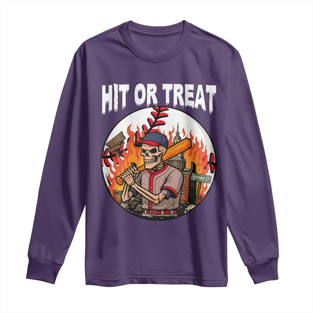 Funny Halloween Baseball Long Sleeve Shirt Hit Or Treat Skeleton Player - Wonder Print Shop