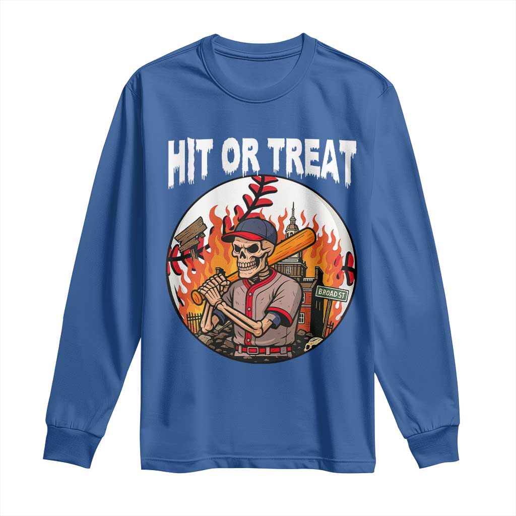 Funny Halloween Baseball Long Sleeve Shirt Hit Or Treat Skeleton Player - Wonder Print Shop