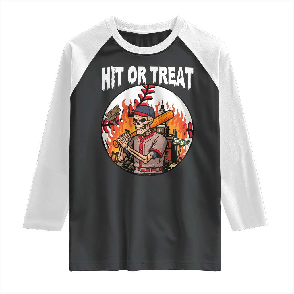 Funny Halloween Baseball Raglan Shirt Hit Or Treat Skeleton Player - Wonder Print Shop