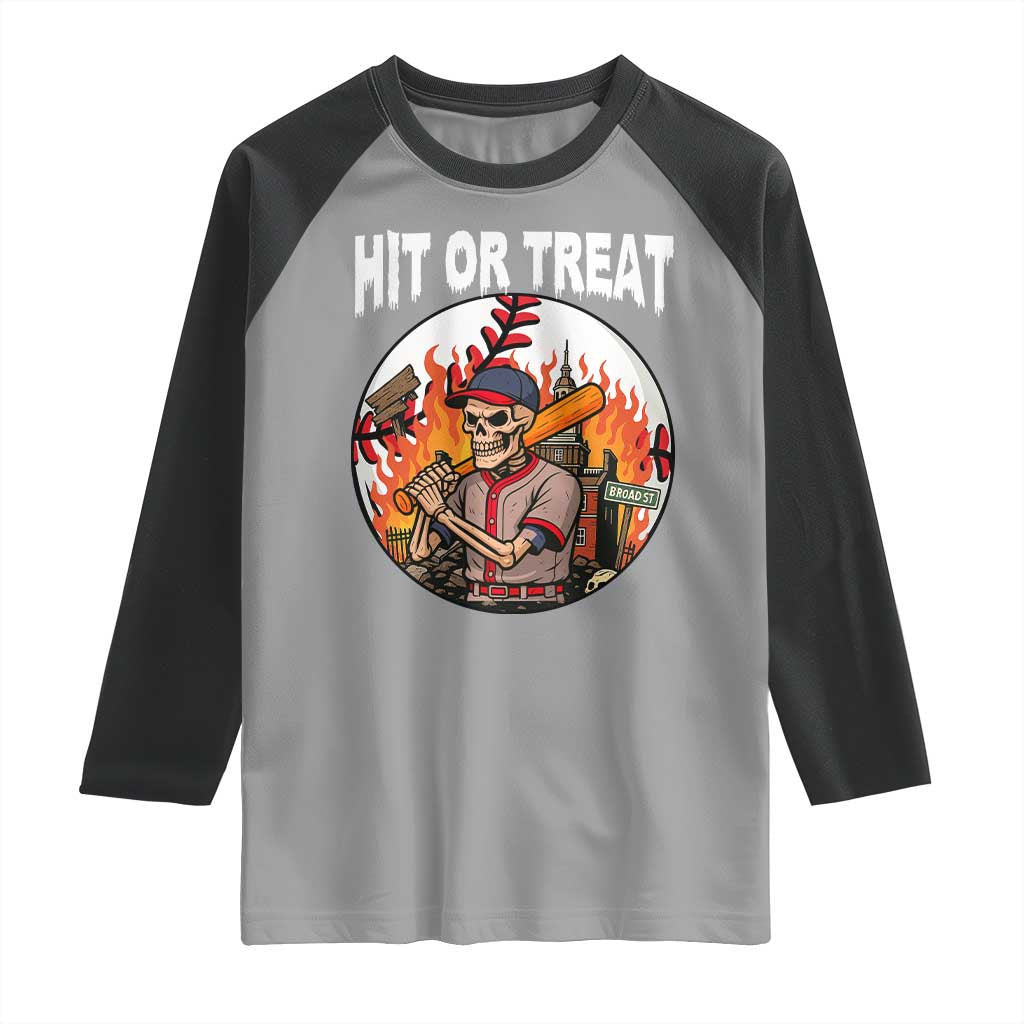 Funny Halloween Baseball Raglan Shirt Hit Or Treat Skeleton Player - Wonder Print Shop