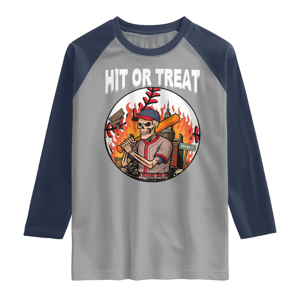 Funny Halloween Baseball Raglan Shirt Hit Or Treat Skeleton Player - Wonder Print Shop