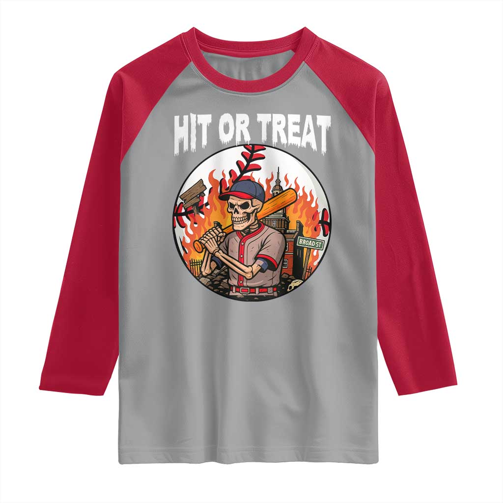 Funny Halloween Baseball Raglan Shirt Hit Or Treat Skeleton Player - Wonder Print Shop