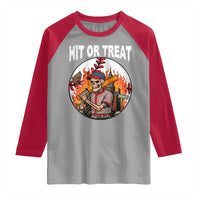 Funny Halloween Baseball Raglan Shirt Hit Or Treat Skeleton Player - Wonder Print Shop