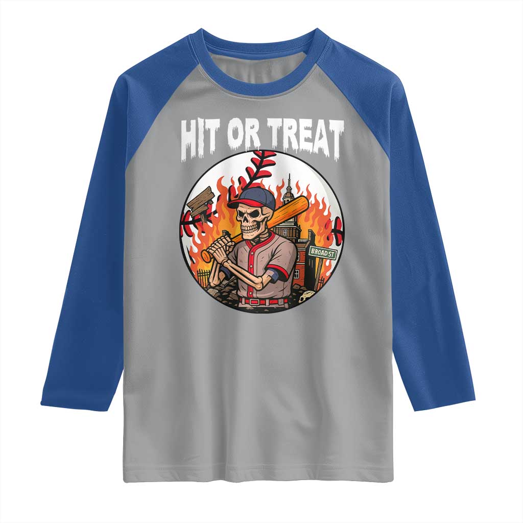 Funny Halloween Baseball Raglan Shirt Hit Or Treat Skeleton Player - Wonder Print Shop