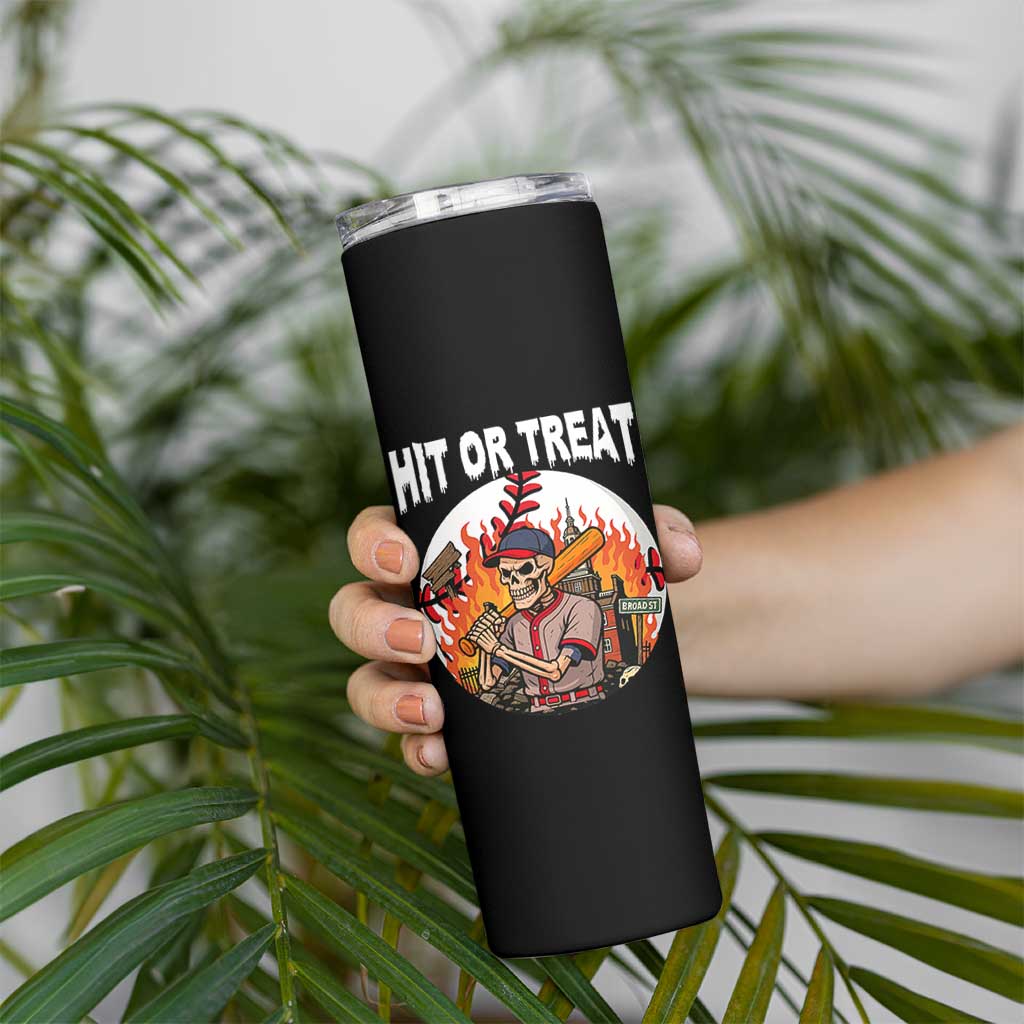 Funny Halloween Baseball Skinny Tumbler Hit Or Treat Skeleton Player