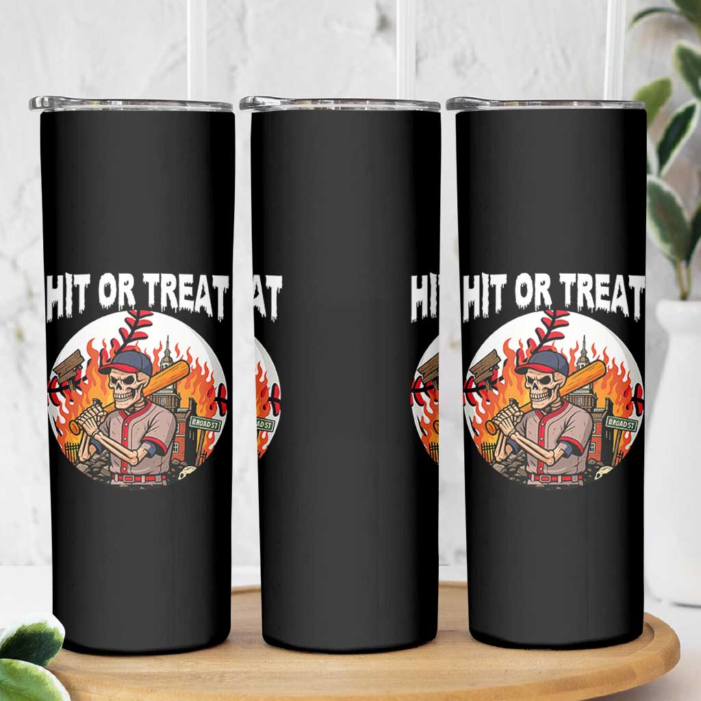 Funny Halloween Baseball Skinny Tumbler Hit Or Treat Skeleton Player
