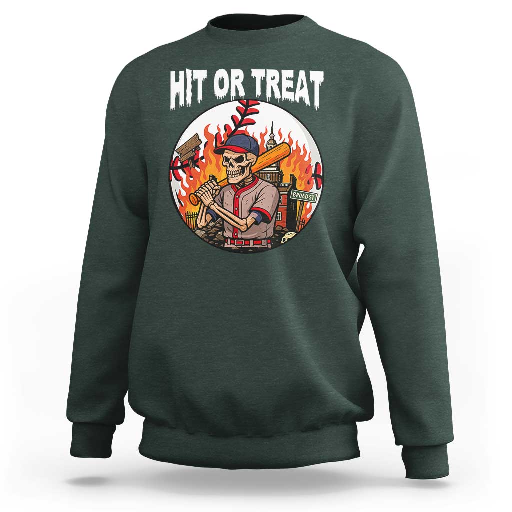 Funny Halloween Baseball Sweatshirt Hit Or Treat Skeleton Player - Wonder Print Shop
