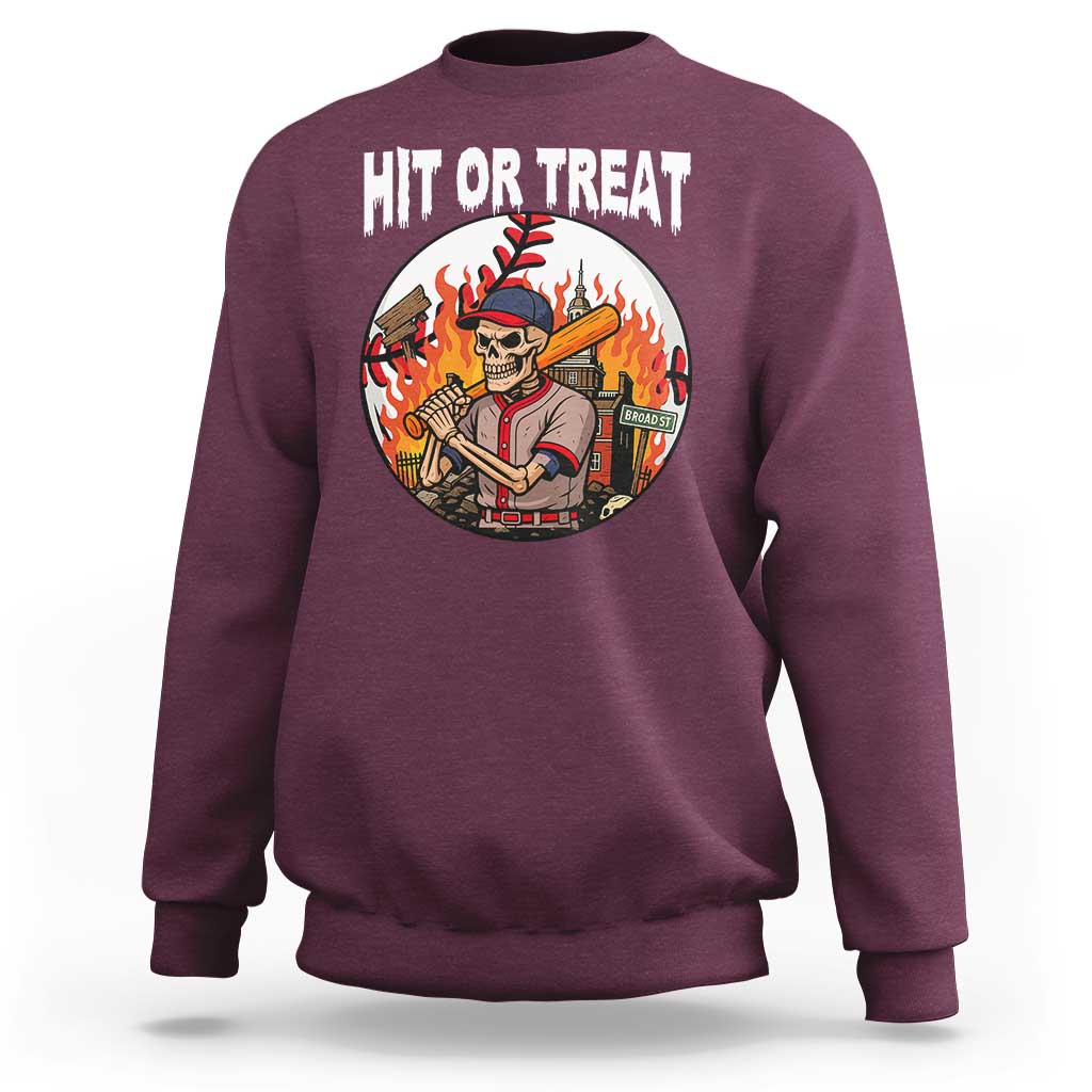 Funny Halloween Baseball Sweatshirt Hit Or Treat Skeleton Player - Wonder Print Shop