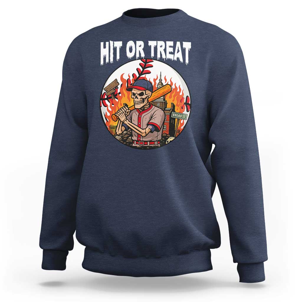 Funny Halloween Baseball Sweatshirt Hit Or Treat Skeleton Player - Wonder Print Shop