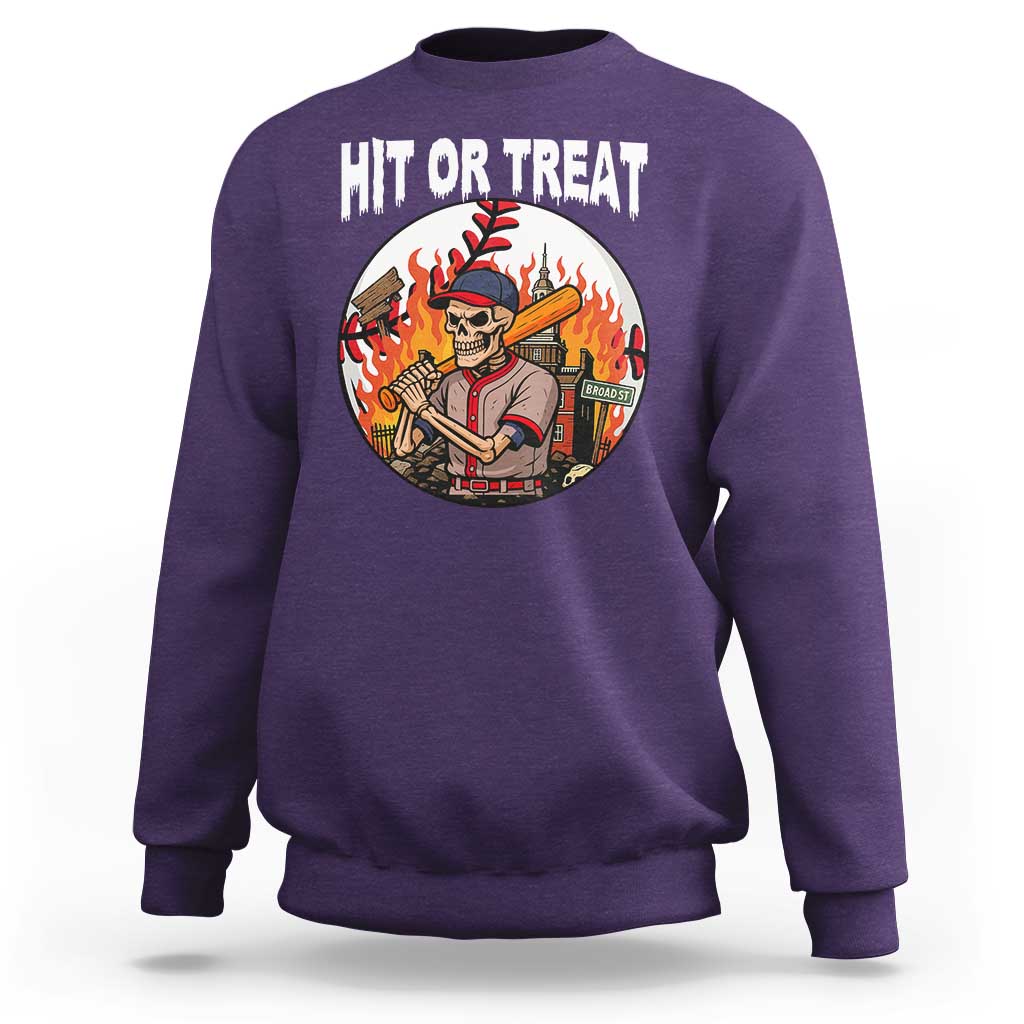 Funny Halloween Baseball Sweatshirt Hit Or Treat Skeleton Player - Wonder Print Shop