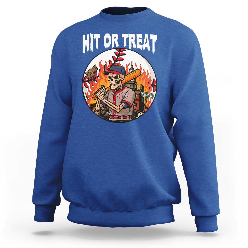 Funny Halloween Baseball Sweatshirt Hit Or Treat Skeleton Player - Wonder Print Shop