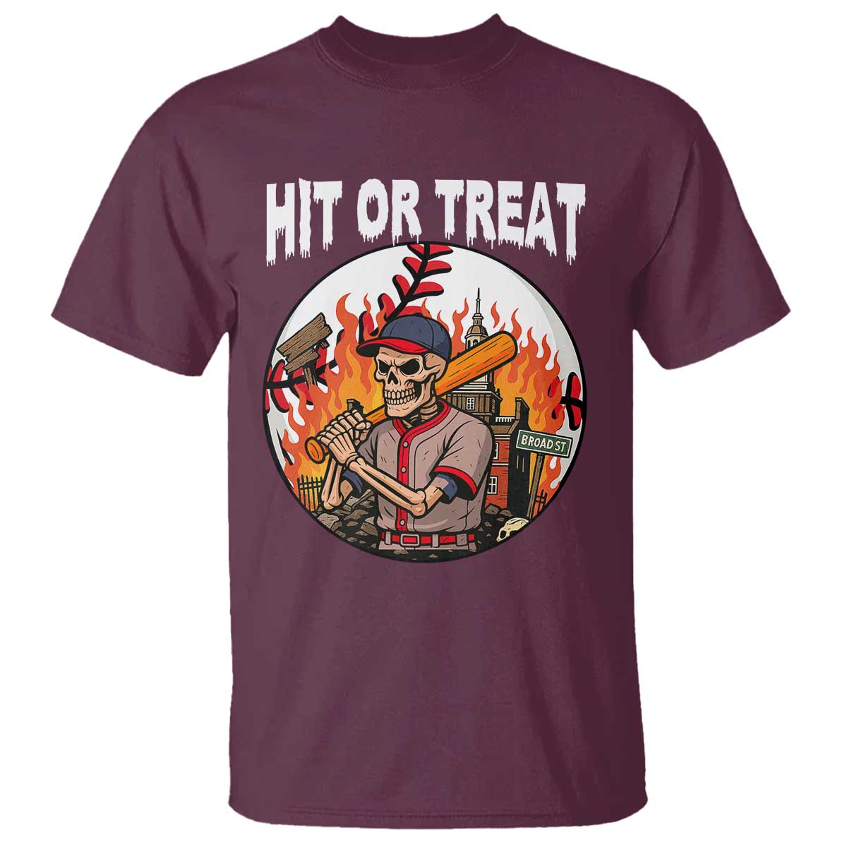 Funny Halloween Baseball T Shirt Hit Or Treat Skeleton Player - Wonder Print Shop