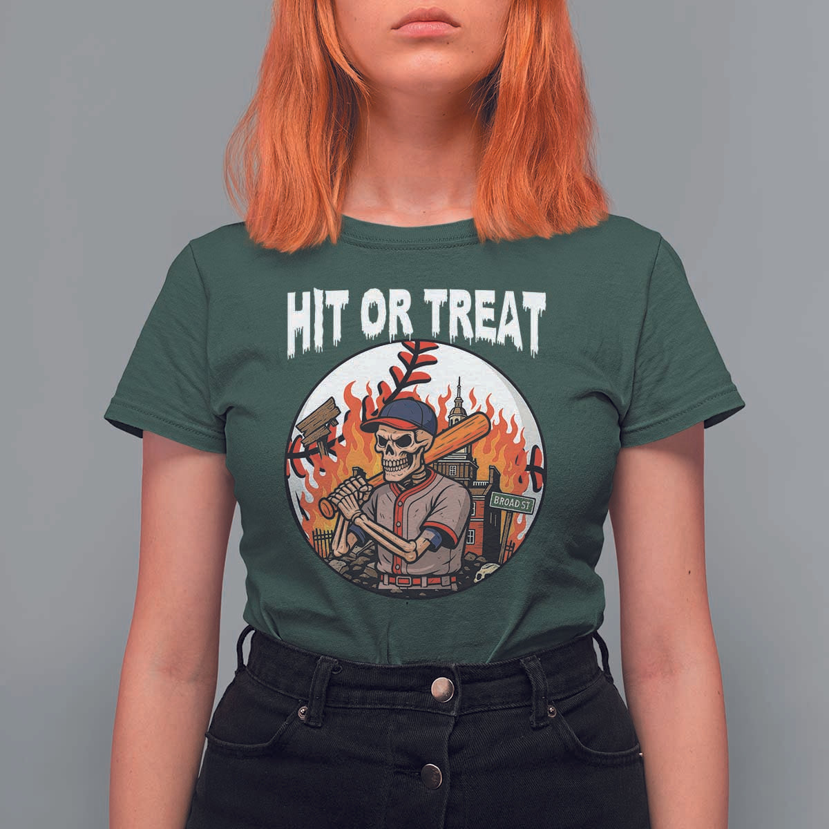Funny Halloween Baseball T Shirt For Women Hit Or Treat Skeleton Player - Wonder Print Shop