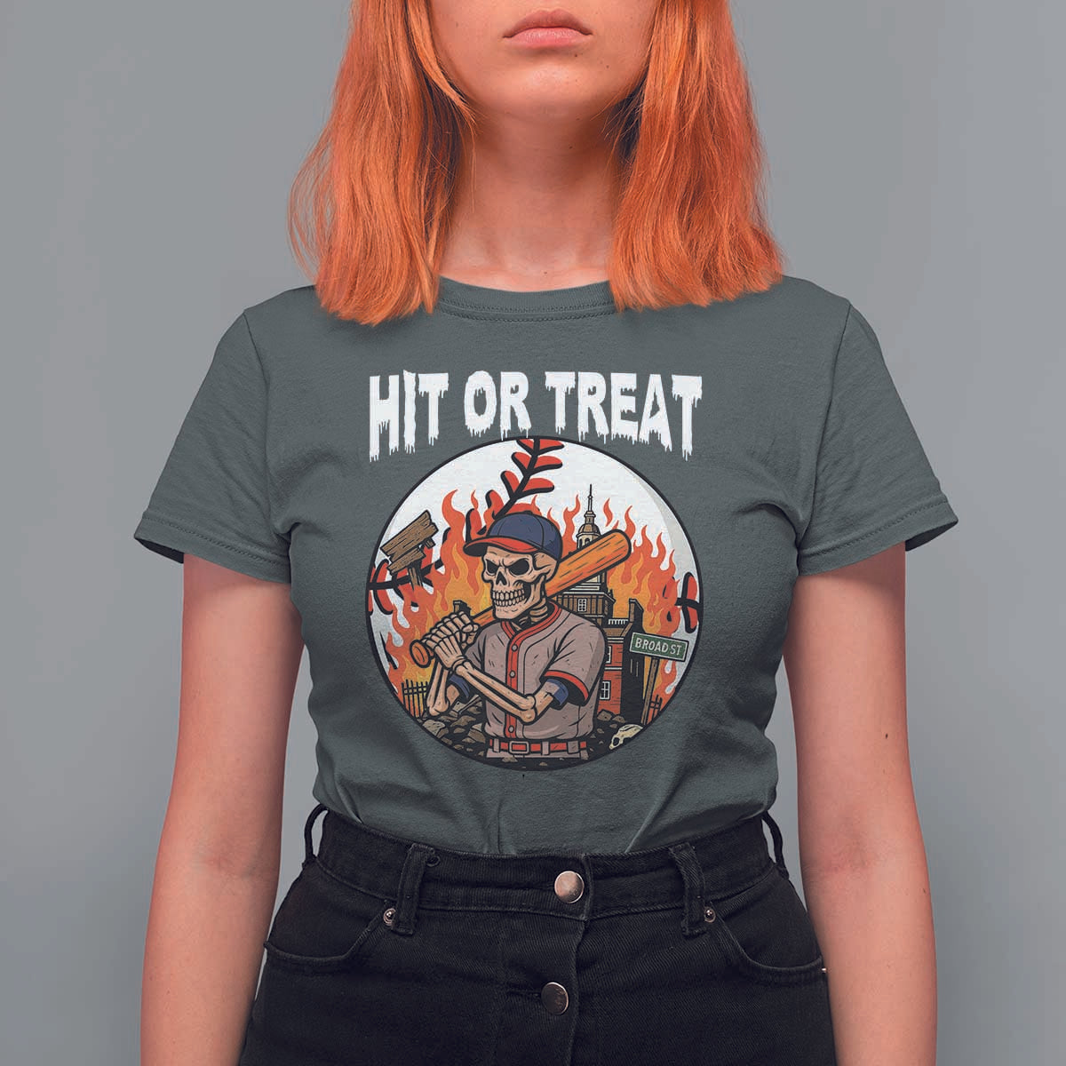 Funny Halloween Baseball T Shirt For Women Hit Or Treat Skeleton Player - Wonder Print Shop