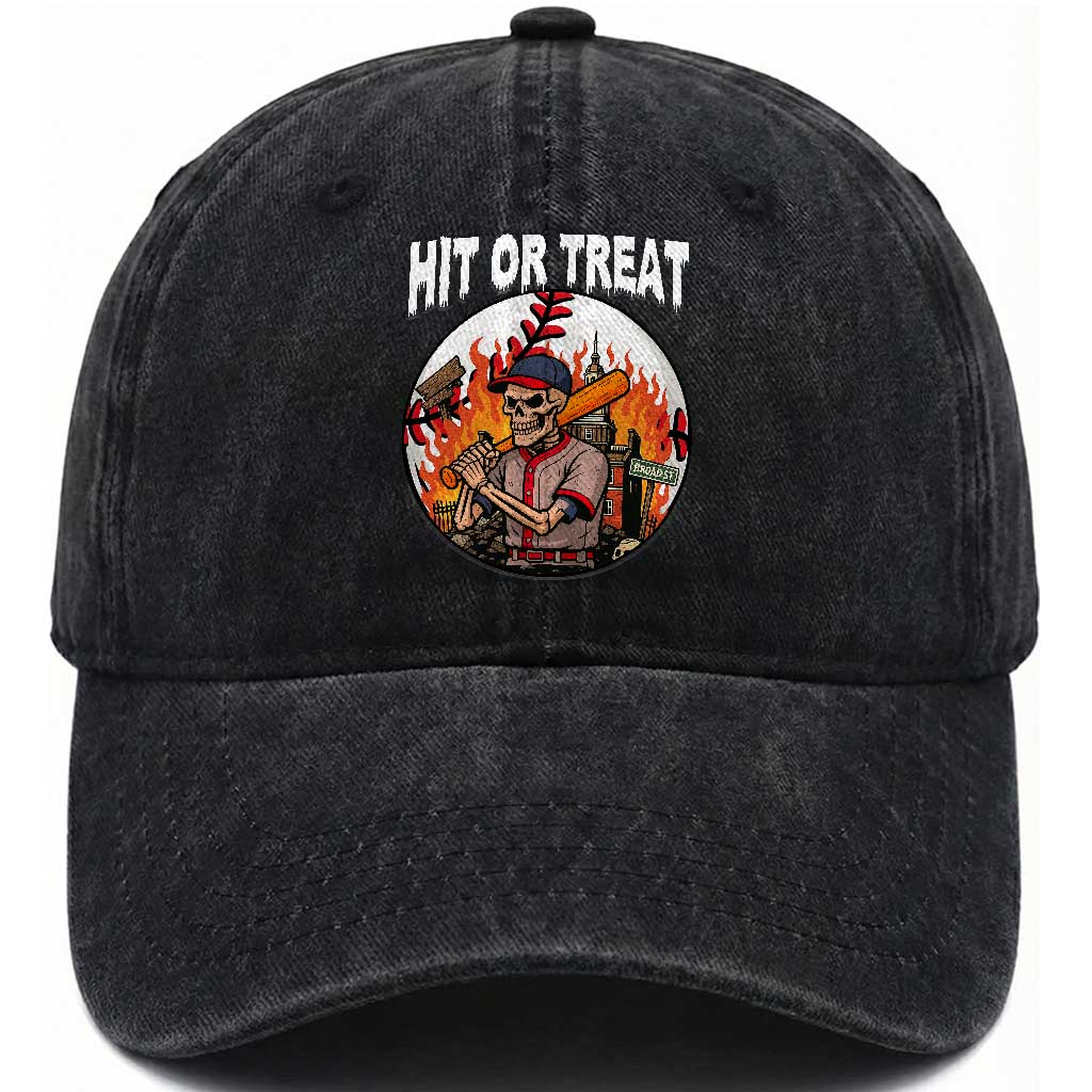 Funny Halloween Baseball Washed Cotton Baseball Cap Hit Or Treat Skeleton Player