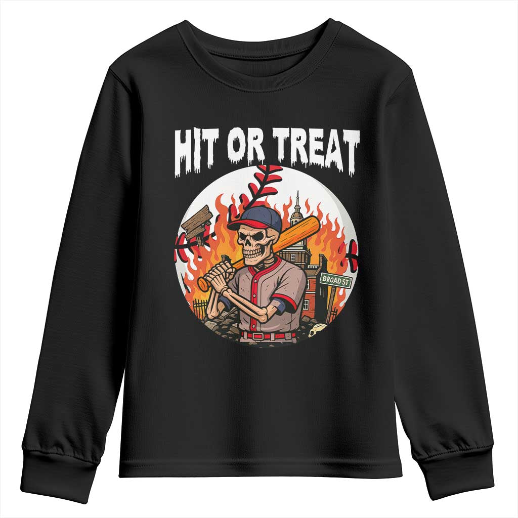 Funny Halloween Baseball Youth Sweatshirt Hit Or Treat Skeleton Player - Wonder Print Shop