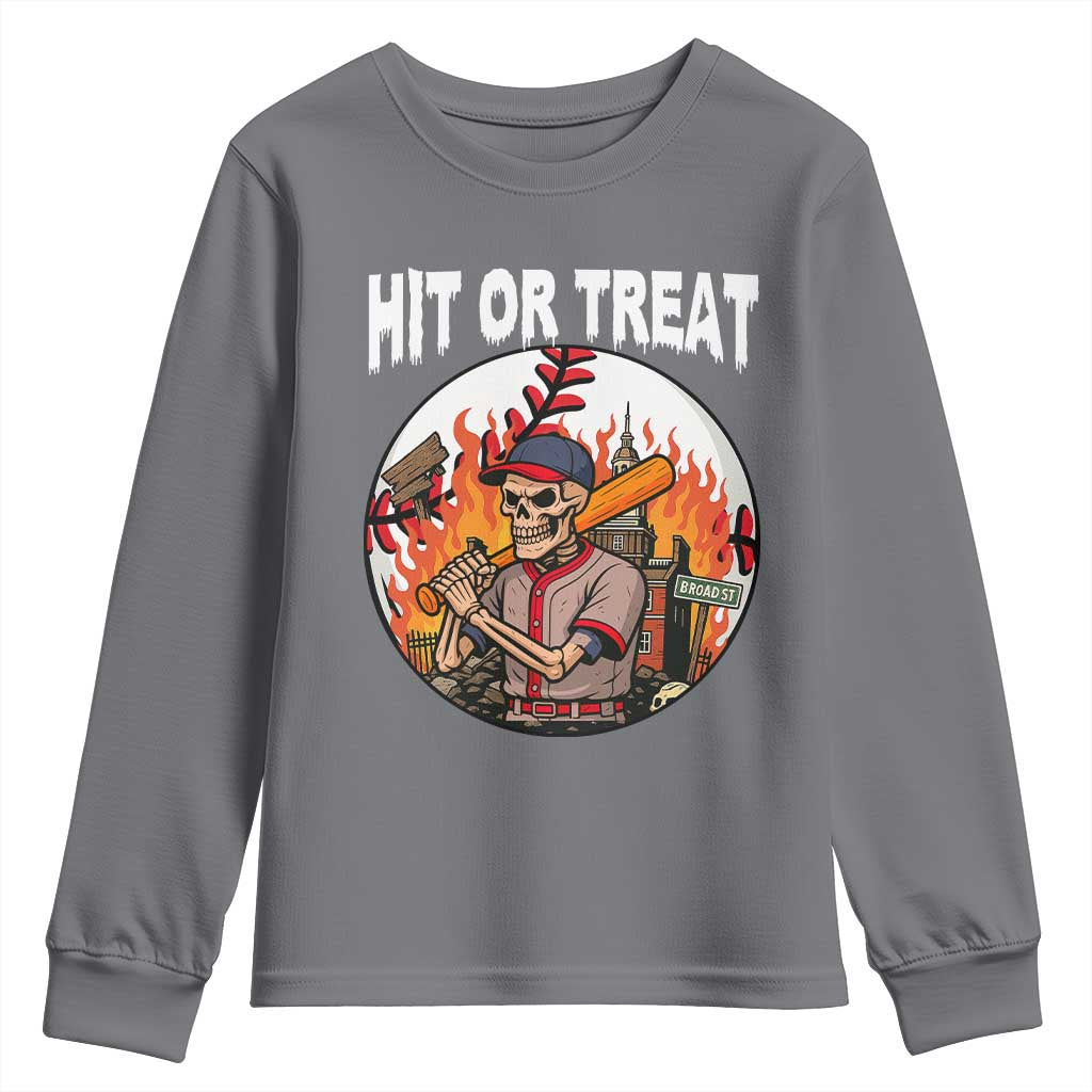 Funny Halloween Baseball Youth Sweatshirt Hit Or Treat Skeleton Player - Wonder Print Shop