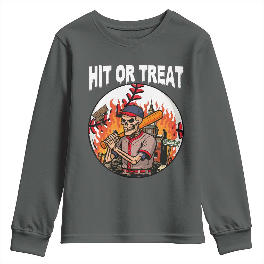 Funny Halloween Baseball Youth Sweatshirt Hit Or Treat Skeleton Player - Wonder Print Shop