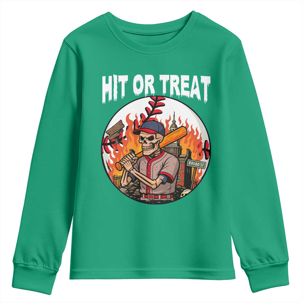 Funny Halloween Baseball Youth Sweatshirt Hit Or Treat Skeleton Player - Wonder Print Shop