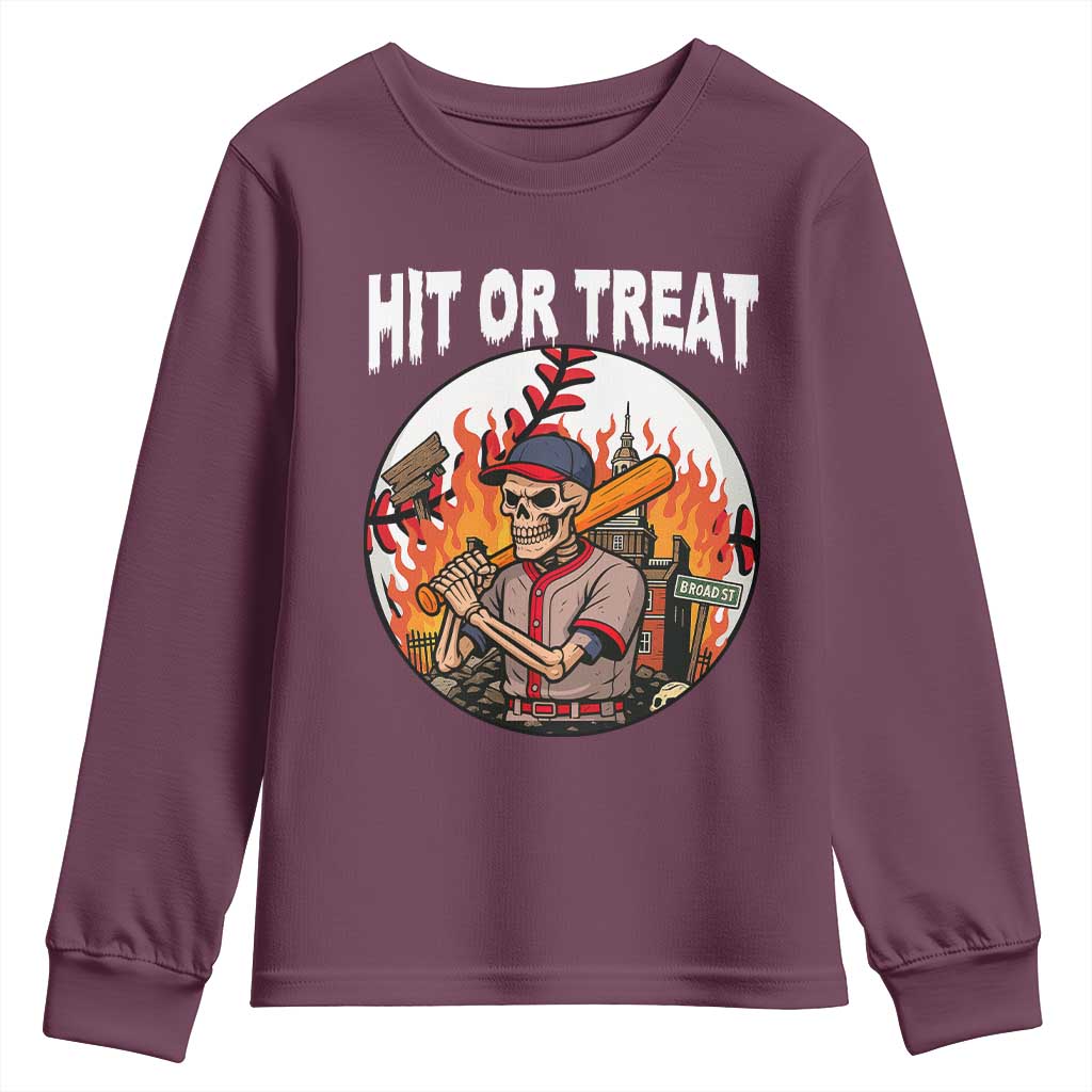 Funny Halloween Baseball Youth Sweatshirt Hit Or Treat Skeleton Player - Wonder Print Shop