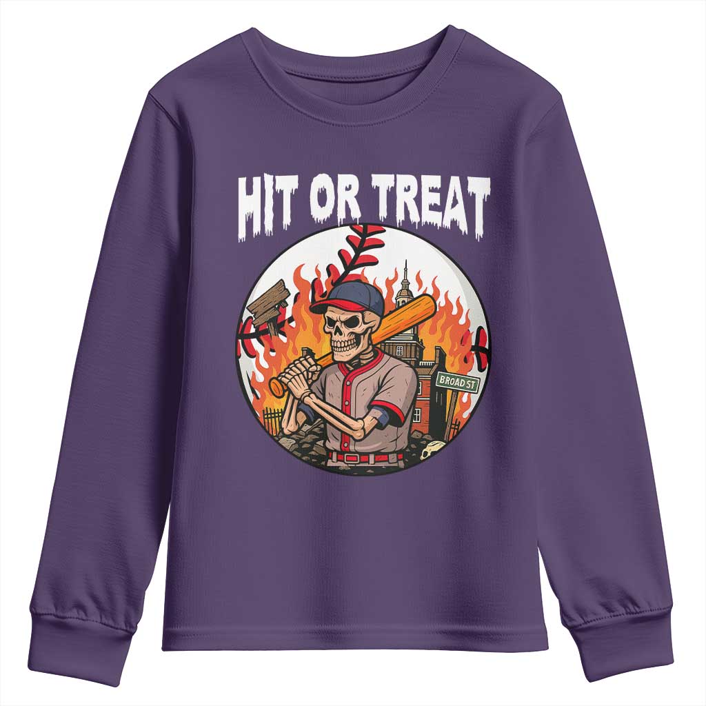 Funny Halloween Baseball Youth Sweatshirt Hit Or Treat Skeleton Player - Wonder Print Shop