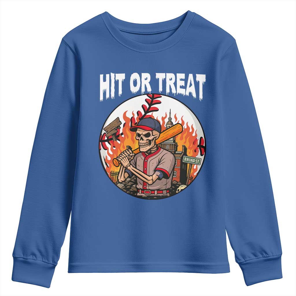 Funny Halloween Baseball Youth Sweatshirt Hit Or Treat Skeleton Player - Wonder Print Shop