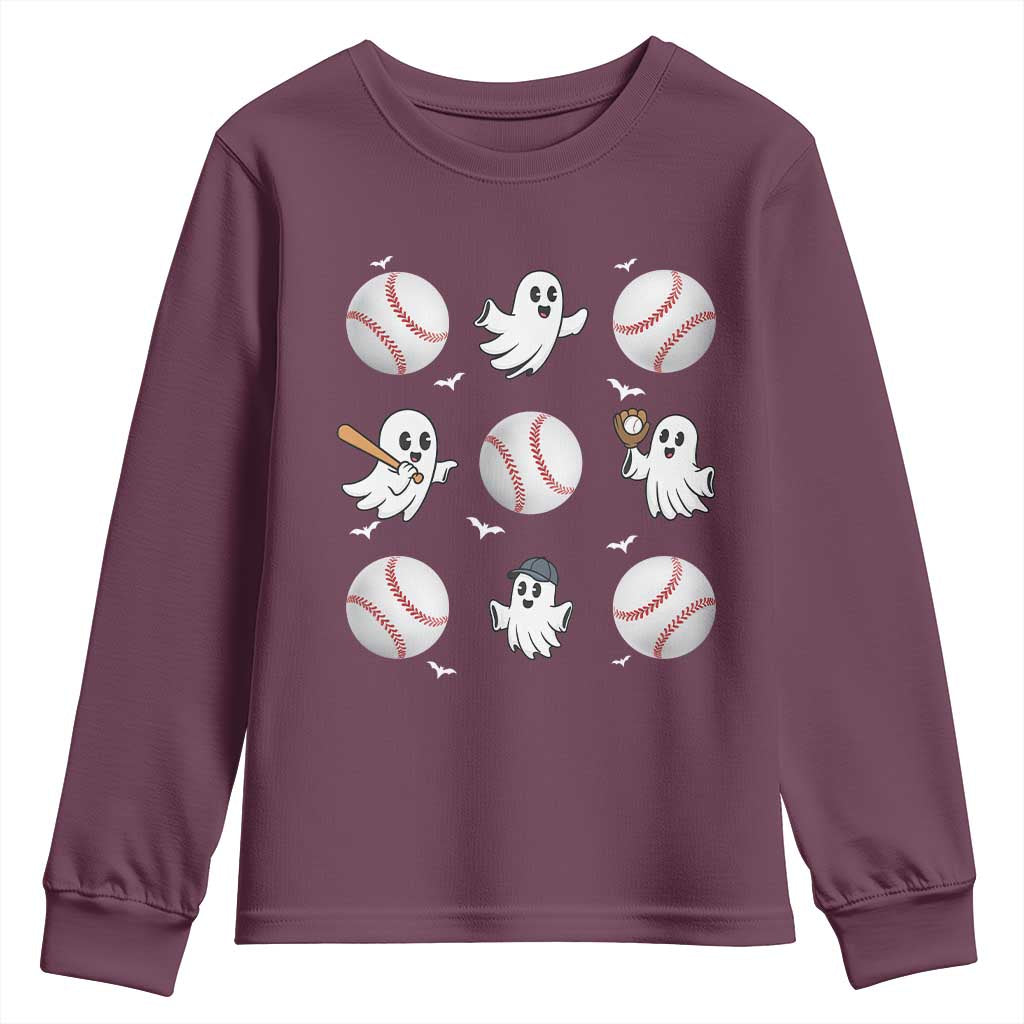 Halloween Baseball Youth Sweatshirt Cute Ghost Playing Ball Gift - Wonder Print Shop