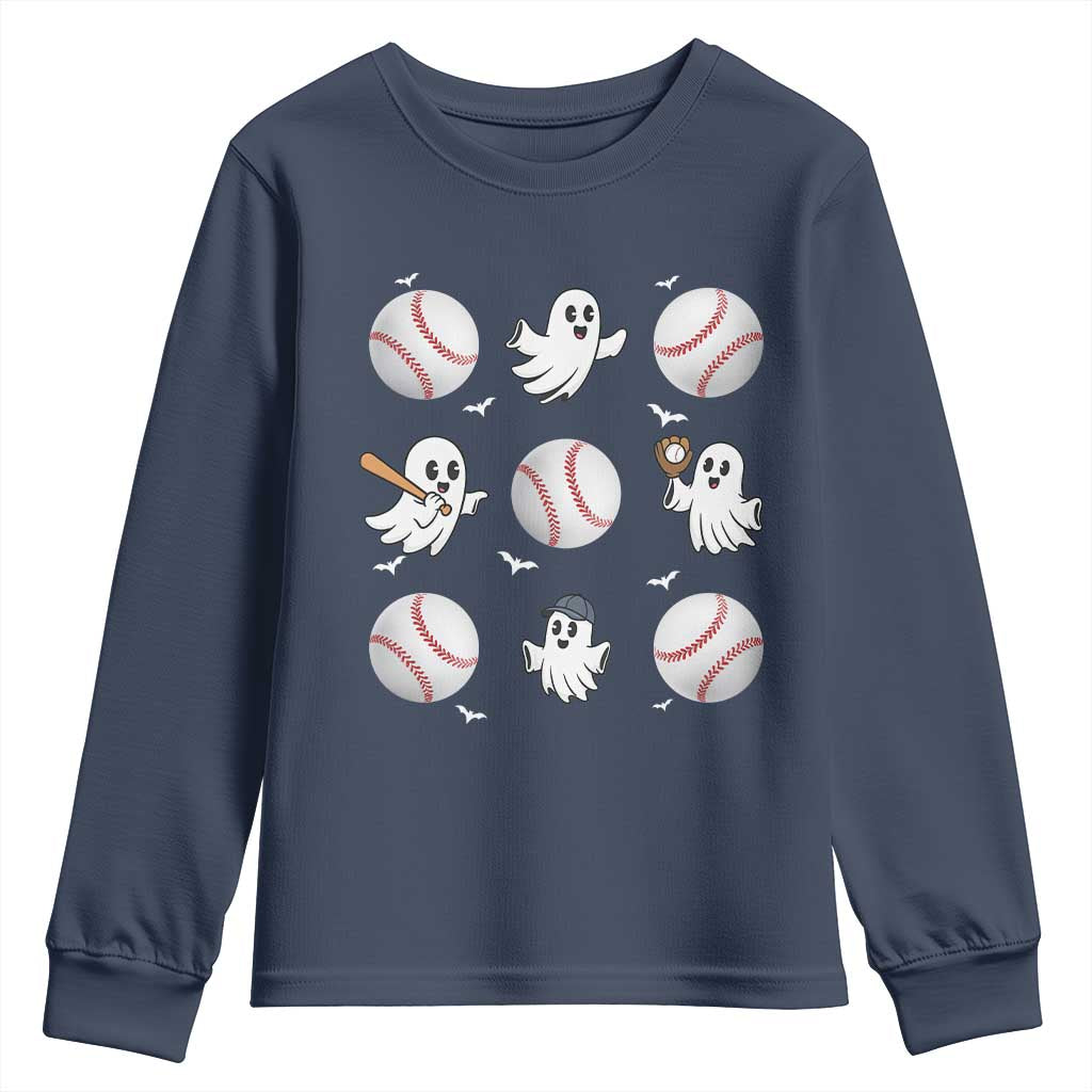 Halloween Baseball Youth Sweatshirt Cute Ghost Playing Ball Gift - Wonder Print Shop