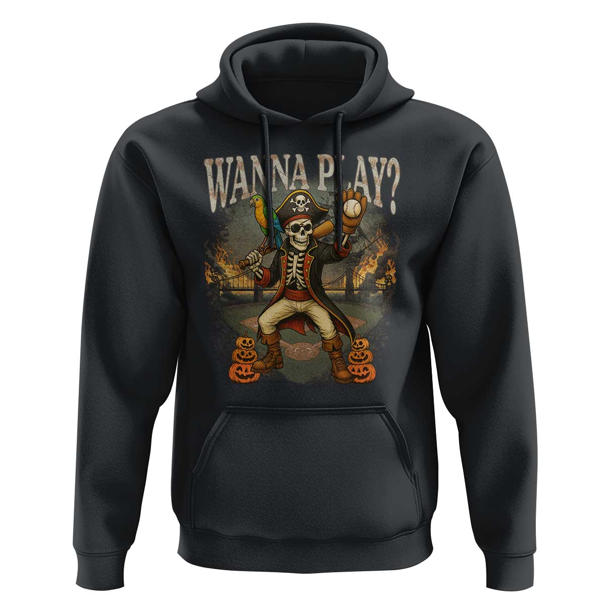 Halloween Baseball Hoodie Funny Wanna Play Dabbing Pirate Skeleton Catcher - Wonder Print Shop