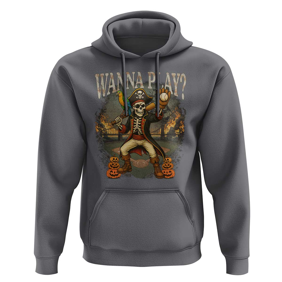 Halloween Baseball Hoodie Funny Wanna Play Dabbing Pirate Skeleton Catcher - Wonder Print Shop