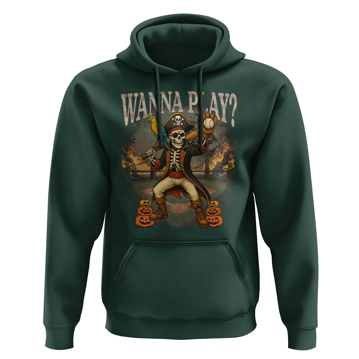 Halloween Baseball Hoodie Funny Wanna Play Dabbing Pirate Skeleton Catcher - Wonder Print Shop
