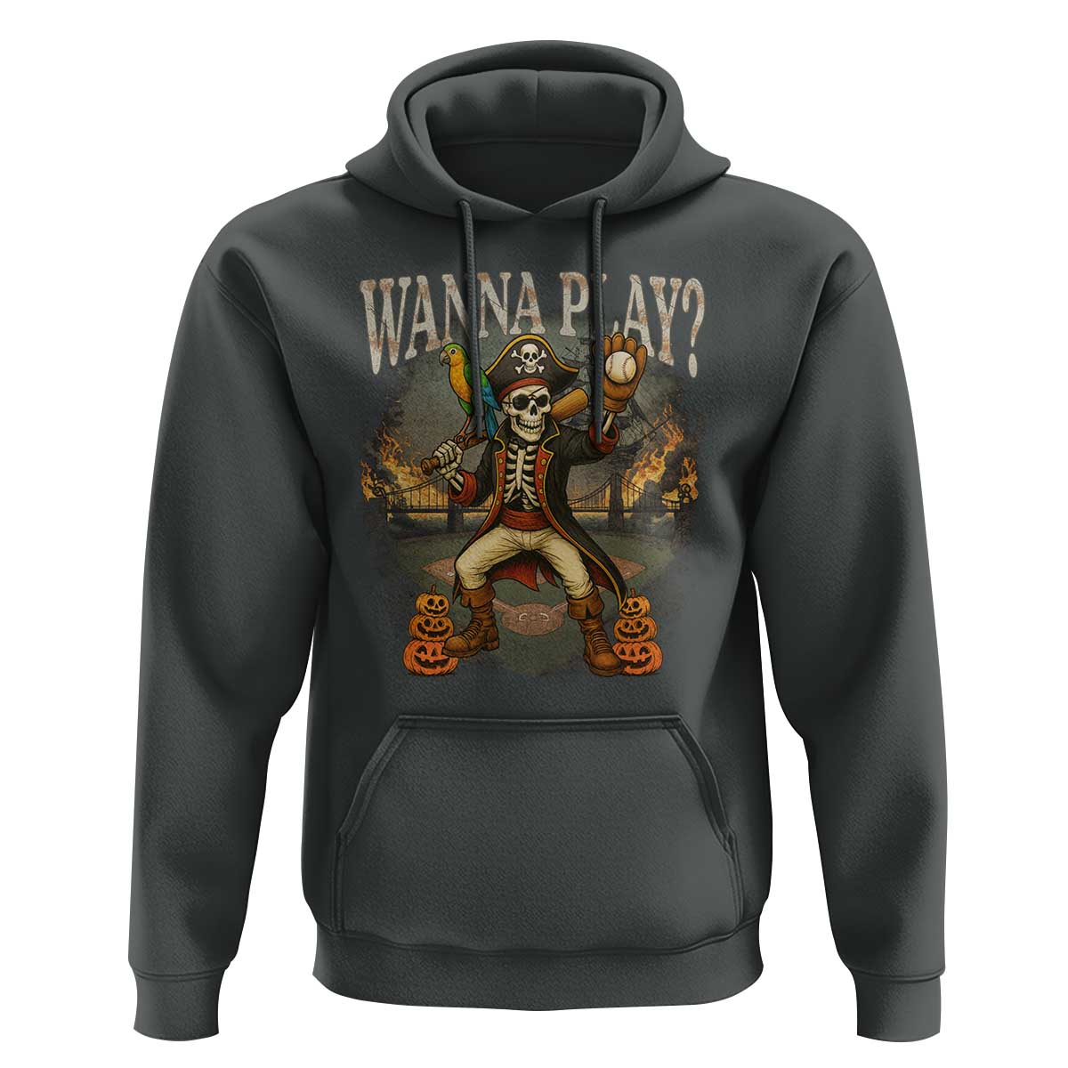 Halloween Baseball Hoodie Funny Wanna Play Dabbing Pirate Skeleton Catcher - Wonder Print Shop