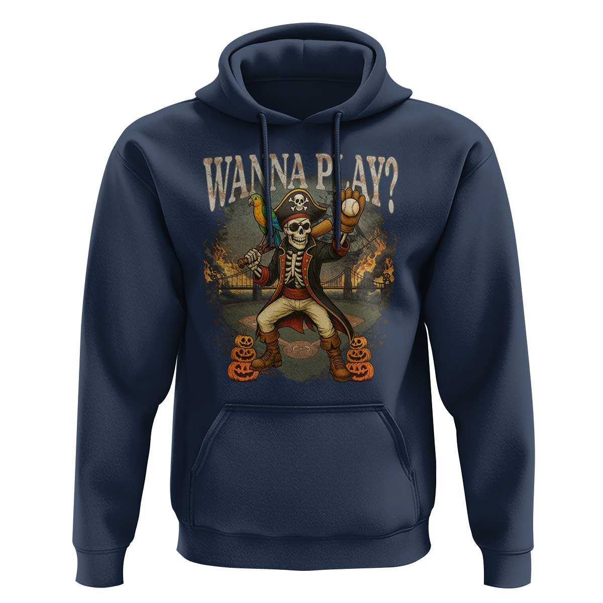 Halloween Baseball Hoodie Funny Wanna Play Dabbing Pirate Skeleton Catcher - Wonder Print Shop